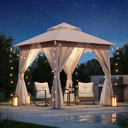 LAUSAINT HOME Outdoor Patio Gazebo 8'x8' with Expansion Bolts, Heavy Duty Gazebos Shelter Party Tent with Double Roofs, Mosquito Nettings and Privacy Screens for Backyard, Garden, Lawn, Khaki