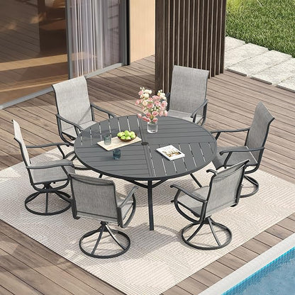 VICLLAX 7 Pieces Patio Dining Set for 6, Outdoor Furniture Set Includes 47.2" Outdoor Round Table and 6 Patio Swivel Chairs for Lawn Garden, Grey Tabletop and Grey Fabric