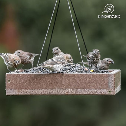 Kingsyard Platform Mealworm Bird Feeder for Outside, Recycled Plastic Hanging Tray Bird Feeders with Large Capacity 3.5 lbs, Premium Quality & Durable, Great for Attracting Wild Birds, Brown