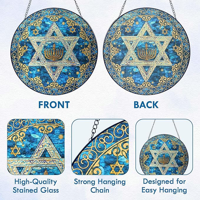 FLAGWIX Christmas Hanukkah Gifts for Women Men - Stained Glass Window Hanging 8 in - Christmas Decorations for Home Indoor Window, Religious Spiritual Gifts for Mom, Hanukkah Sun Catcher Hanging Decor
