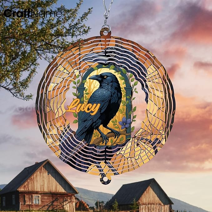 Personalized Raven Wind Spinner 3D Stainless Steel, Raven Garden Spinner Hanging Outdoor Decor, Wind Spinners Outdoor, Custom Gift for Grandmother, Mom, Wife