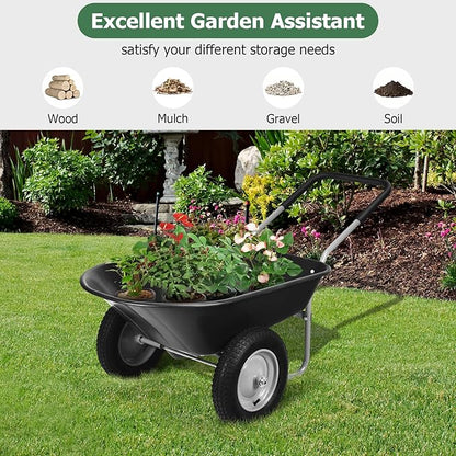 ERGOMASTER Dual-Wheel Wheelbarrow, Home Utility Garden Cart, 330 LBS Capacity, Large Heavy Duty Yard Cart for Gardening & Planting, Lawn, Farm, Construction Site, Black