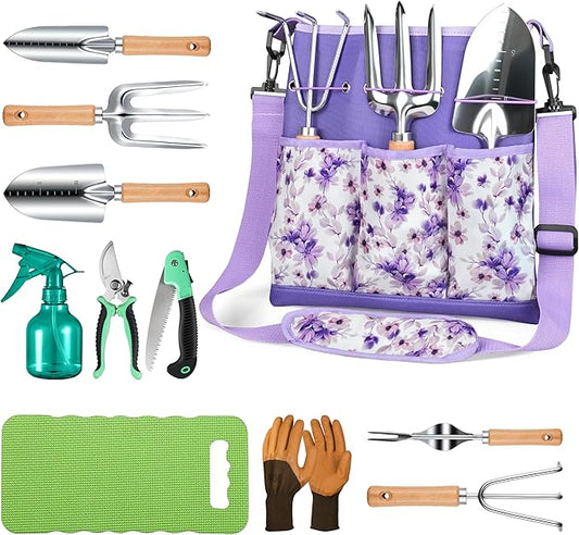 All-in-One Garden Tool Set, 11-Piece Heavy Duty Gardening Tools with Ergonomic Canvas Shoulder Crossbody Bag, Rust-Proof Premium Garden Tool Kit, Gardening Gift for Women Men (Purple)