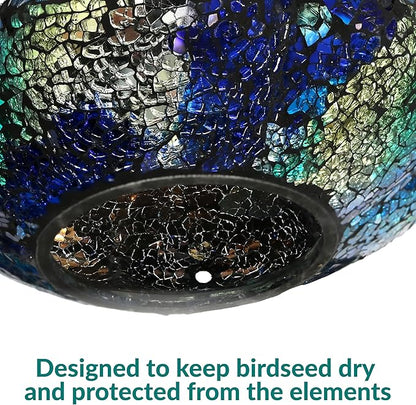 Sunnydaze 10-Inch Glass Mosaic Hanging Bird Feeder for Outdoors - Fly-Through Wild Bird Feeder - Indigo Flower Mosaic
