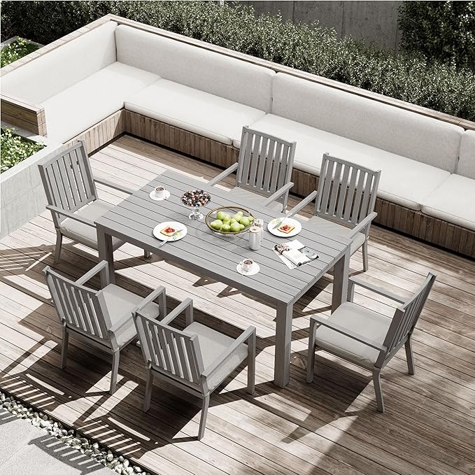 All-Weather Aluminum Outdoor Dining Table, Modern Rectangle Patio Dining Table for Balcony Garden, Grey