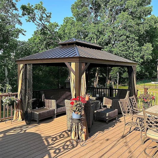 Domi 10' X 12' Hardtop Gazebo Permanent Outdoor Gazebo with Galvanized Steel Double Roof, Aluminum Frame, Curtains and Netting for Patio Lawn and Garden, Brown
