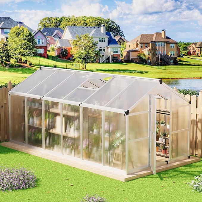 8 x 12 FT Greenhouse, Heavy-Duty Polycarbonate Large Walk-in Greenhouse Roof Vent ,Aluminum Frame & Lockable Door, for Backyard, Green Houses for Outside Garden Backyard
