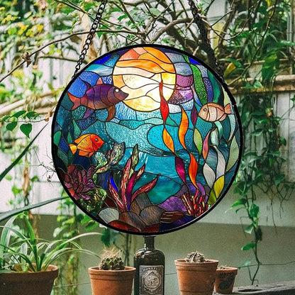 Stained Glass Window Hanging - Blue Ocean World Small Fish Coral Sun Catcher for Door Garden Home Decor Sea Suncatcher Christmas Mother's Day Birthday Gifts for Women Men Mom Nana 6.3 in