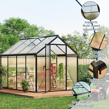 6 x 8 ft Greenhouse, Greenhouses for Outside, Polycarbonate Greenhouse with Aluminum Frame, Lockable Door and Ajustable Roof Vent for Backyard, Green Houses for Outside Garden Backyard, Patio