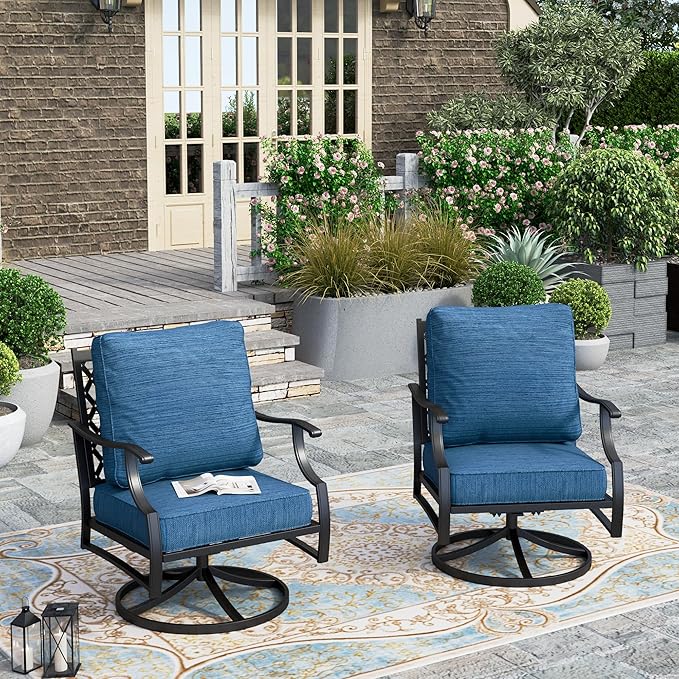 HERA'S HOUSE Outdoor Chairs Set of 2, 2 x Patio Chair with Pacific Blue Cushions, All Weather Outdoor Furniture for Lawn Garden Backyard Deck(Swivel Chairs)