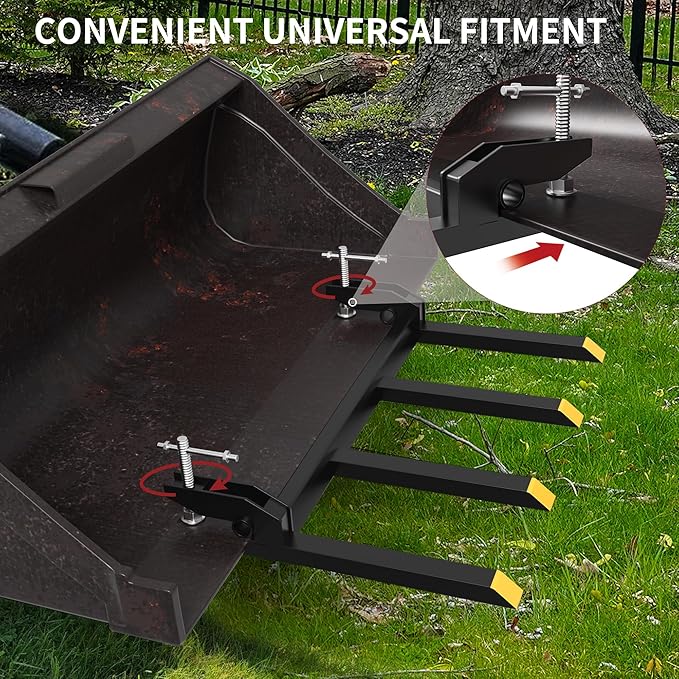 YITAMOTOR Clamp on Debris Forks to 48" Bucket, Heavy Duty Pallet Fork 2500 lbs Capacity Fit for Loader Bucket Skidsteer Tractor