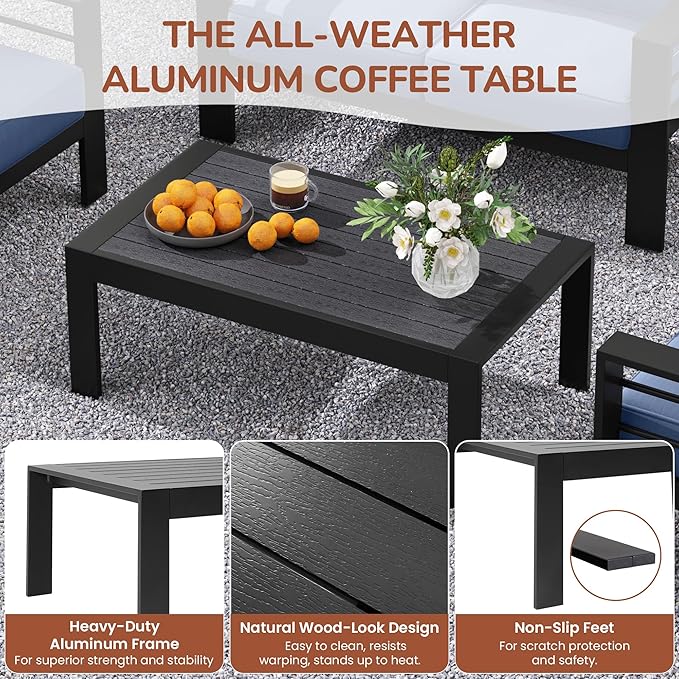Solaste Aluminum Patio Furniture Set for All Weather, Modern Metal Outdoor Furniture Set with 27.5" Deep Seating and 3.2" Wide Armrest, Outdoor Patio Conversation Set with 5" Cushion, Black and Blue