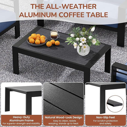 Solaste Aluminum Patio Furniture Set, 5 Seats Modern Outdoor Conversation Set Sectional Sofa with Upgrade Cushion and Coffee Table,Black Frame and Blue Cushion