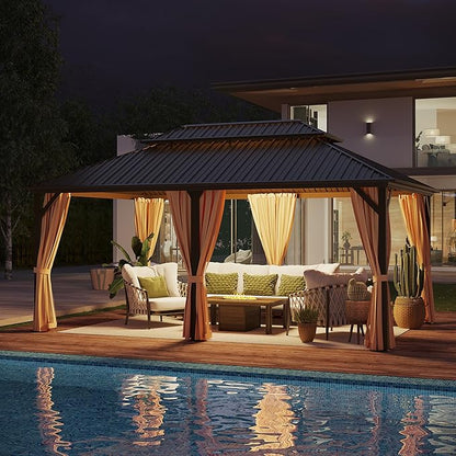 12x18 ft Hardtop Gazebo Outdoor Aluminum Patio Gazebo Double Roof Galvanized Steel Canopy with Netting and Curtains for Garden, Backyard, Deck and Lawns.