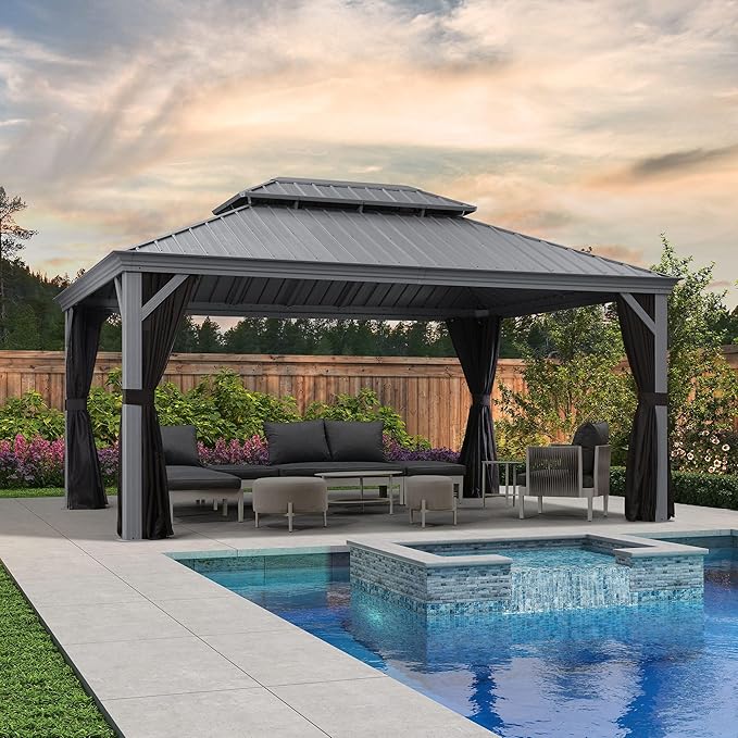 PURPLE LEAF 12' x 16' Hardtop Aluminum Gazebo with Double Metal Roof Heavy Duty Permanent Gazebo for Patio Deck Lawn Garden All Weather Outdoor Pavilion Gazebos, Light Grey