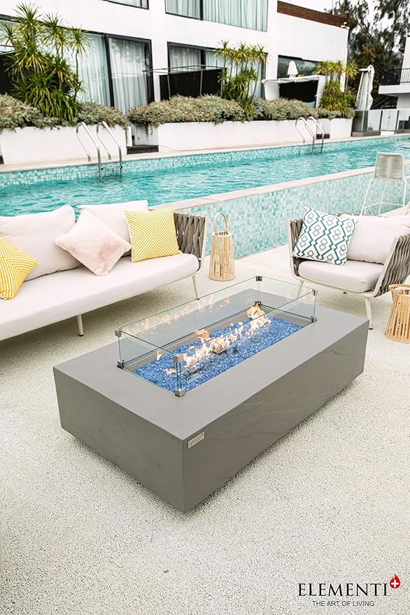 Elementi+ | Meteora Gas Fire Pit Cast Concrete 56" Rectangular Fire Table, Outdoor Fire Pit Electronic Ignition | Canvas Cover, Fire Glass and Burner Lid Included | Light Gray | Natural Gas