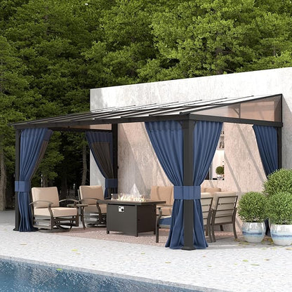 Gotland 10FTx14FT Outdoor Wall Mounted Hardtop Pergola, Metal Frame Gazebo with Sloping Sun Panel Roof and Double Curtains for Patio, Garden, Lawn, Navy