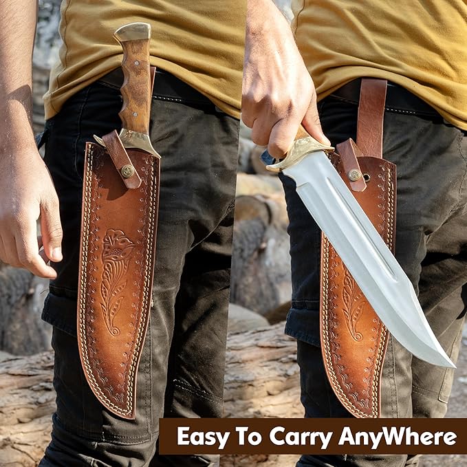 Handmade D2 Steel 18 Inches Large Bowie Knife, Full Tang Fixed Blade With Rosewood Handle and Brass Guard Hunting Knife with Leather Sheath Ideal for Camping, Hiking, Survival