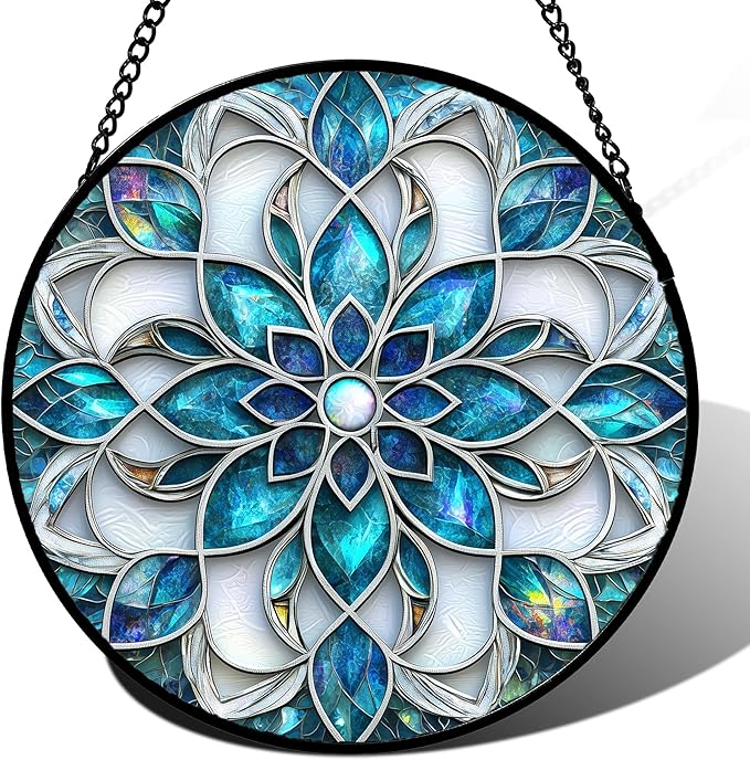 Stained Glass Window Hanging - Blue White Abstract Flowers Suncatcher for Door Terrace Garden Home Decor Boho Sun Catcher Birthday Gifts for Lovers Women Men Dad Mom Nana 6.3 in