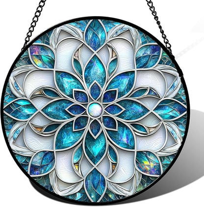 Stained Glass Window Hanging - Blue White Abstract Flowers Suncatcher for Door Terrace Garden Home Decor Boho Sun Catcher Birthday Gifts for Lovers Women Men Dad Mom Nana 15 in