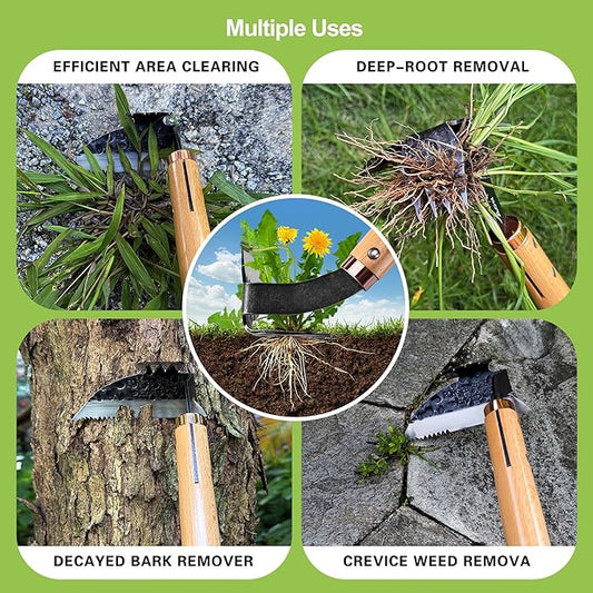 AON All-Purpose Japanese Weeding Sickle & Razor Hand Hoe, Forged Steel Weed Puller Tool with Sharp Edge & 4-Tine for Digging, Weeding, Uprooting in Vegetable Gardening, Backyard or Raised Garden Beds
