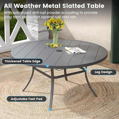 DIFY 60" Round Outdoor Patio Dining Table for 8-10, Metal Patio Table with 1.57" Adjustable Umbrella Hole, All-Weather Dining Furniture Table for Backyard Lawn Garden, Grey