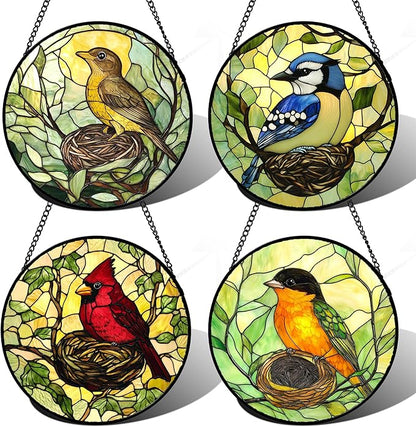 Stained Glass Window Hanging 4 Pcs Set Bird Theme On Branch Large 11.8" - Cardinal Suncatcher Door Garden Sun Catcher Decor Birthday Christmas for Mom Woman Nana Men