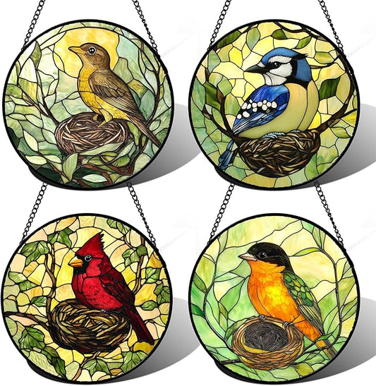 Stained Glass Window Hanging 4 Pcs Set Bird Theme On Branch Large 11.8" - Cardinal Suncatcher Door Garden Sun Catcher Decor Birthday Christmas for Mom Woman Nana Men