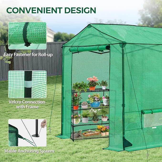 6x6 Pop Up Walk-in Greenhouse, Indoor & Outdoor PE Cover Green House w/ Power Access Ports, Roll-up Zippered Doors and Windows, Green