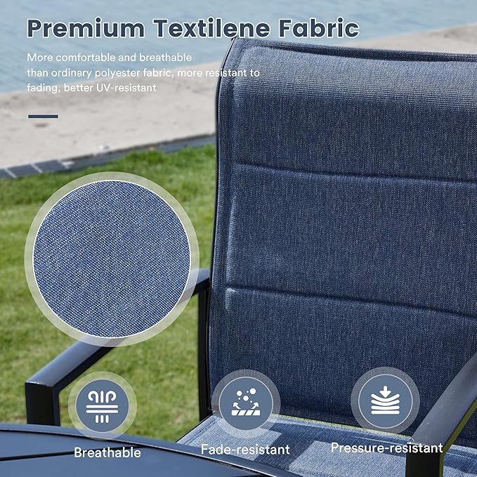 VICLLAX 7 Pieces Patio Dining Set for 6, All Weather Outdoor Furniture - 47.2" Round Patio Table and Swivel Padded Chairs, Black Tabletop and Blue Fabric