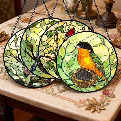 Stained Glass Window Hanging 4 Pcs Set Bird Theme On Branch Large 15" - Cardinal Suncatcher Door Garden Sun Catcher Decor Birthday Christmas for Mom Woman Nana Men