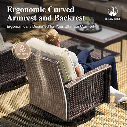 HERA'S HOUSE High Back Patio Furniture Set with Swivel Chairs, Outdoor Wicker Furniture with 5.5" Thick Cushions, Outside Conversation Sofa Sets for Backyard Deck Lawn, Beige