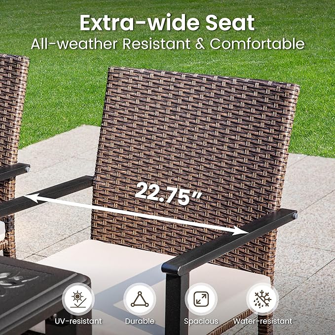 PHI VILLA 7 Pieces Patio Dining Set for 6, 65” Wood-Like Metal Steel Dining Table & Rattan Wicker Chairs with Cushions, Large Dining Furniture Set for Outdoor Deck, Yard, Porch