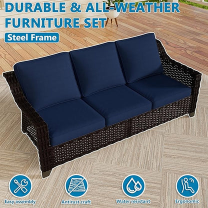 Vista Vibe 78" Patio Wicker 3-seat Sofa, Deep Seat & Upholstered Loveseat, Outdoor All-Weather Rattan Couch with Removable Cushions, Steel Frame Couch for Garden, Poolside (Brown/Navy)