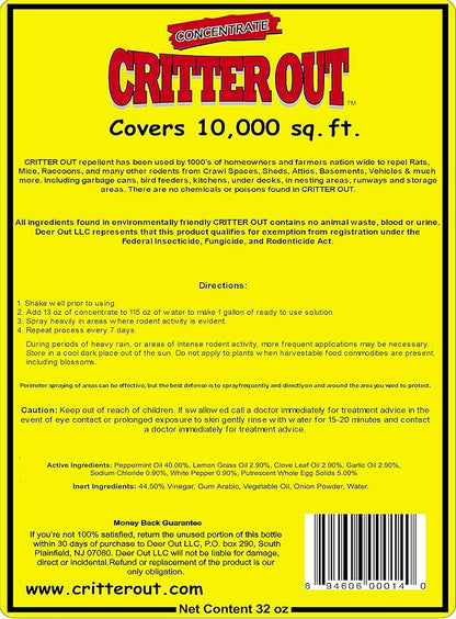 Mouse & Rat Repellent: Peppermint Oil Rodent Repellent, Get Rid of Rats, Mice & Rodents in Your Home & Outside, Protect Engine Wiring, Prevent Nesting, Stops Chewing. Critter Out 32oz Concentrate