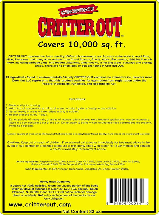 Mouse & Rat Repellent: Peppermint Oil Rodent Repellent, Get Rid of Rats, Mice & Rodents in Your Home & Outside, Protect Engine Wiring, Prevent Nesting, Stops Chewing. Critter Out 32oz Concentrate