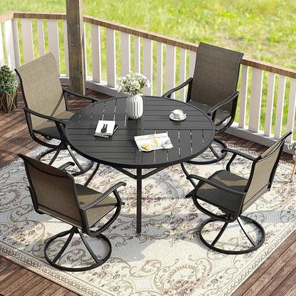 VICLLAX 5 Pieces Patio Dining Set for 4, Outdoor Furniture Set Includes 40.6" Round Outdoor Table and 4 Patio Swivel Chairs for Lawn Garden, Black Tabletop and Mixed Brown Fabric