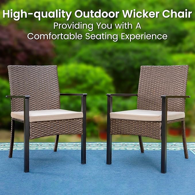 PHI VILLA 7 Piece Outdoor Dining Set for 6, 60” Rectangular Wrought Iron Table with Umbrella Hole & Cushioned Rattan Chairs, Large Furniture Set for Patio, Deck, Yard, Porch