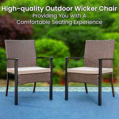 PHI VILLA 7 Piece Outdoor Dining Set for 6, 60” Rectangular Wrought Iron Table with Umbrella Hole & Cushioned Rattan Chairs, Large Furniture Set for Patio, Deck, Yard, Porch