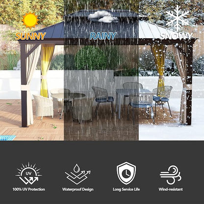 12' x 20' Outdoor Hardtop Gazebo Aluminum Frame with Double Metal Roof, Canopy Netting, Curtain, Patio Permanent Galvanized Steel Gazebo for Backyard, Garden, Party, Deck, Lawn
