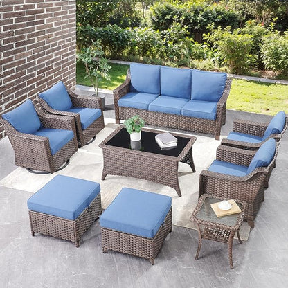Outdoor Patio Wicker Swivel Chairs - Set of 4 Outside Rattan Rocker Glider Chair Rocking Armchairs for Front Porch Balcony Backyard Yard Deck Poolside Apartment – Brown/Blue