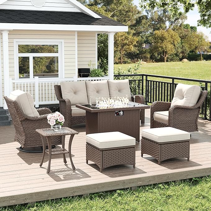 LayinSun 7 Piece Wicker Outdoor Furniture Set with 6-inch Comfy Cushions, High Back Patio Furniture Set with Swivel Rocking Chairs and Fire Pit Table