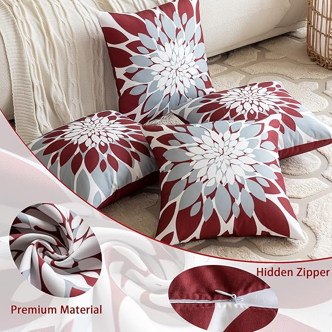 Qahing Pack of 4 Outdoor Waterproof Pillow Covers 22x22 Decorative Outdoor Throw Pillows Garden Square Cushion Cases for Patio Furniture, Couch, Tent Sunbrella, Bench, Burgundy Red Grey