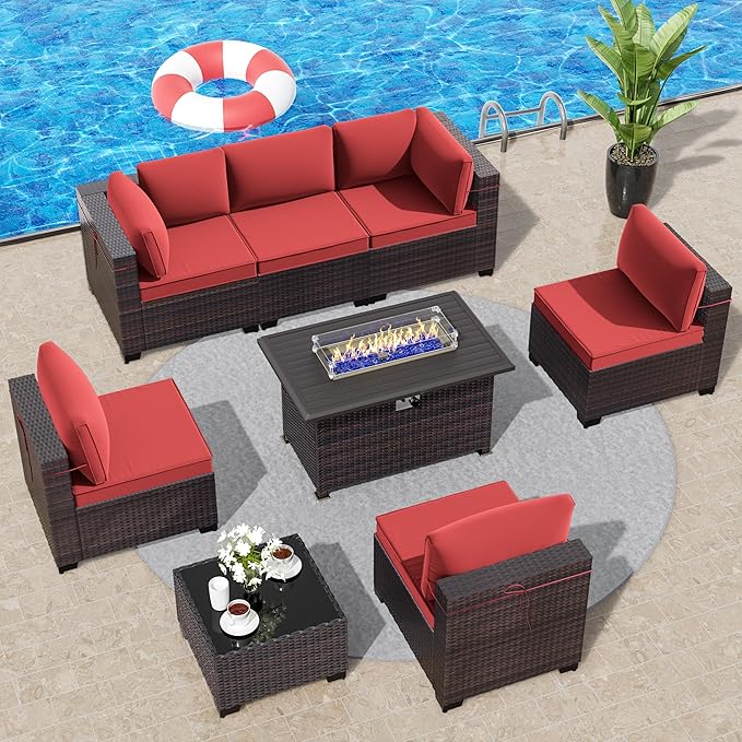 Outdoor Patio Furniture Sets with Propane Fire Pit Table, 8 Pieces Outdoor Furniture Patio Sectional Sofa Conversation Sets w/ETL Approved 43" Gas Outdoor Fire Table & Coffee Table (Red)