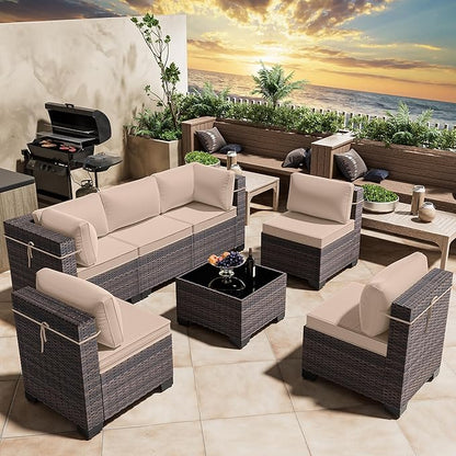 Outdoor Patio Furniture Set, 7 Pieces Outdoor Furniture All Weather Patio Sectional Sofa PE Wicker Modular Conversation Sets with Coffee Table,6 Chairs & Seat Clips Brown