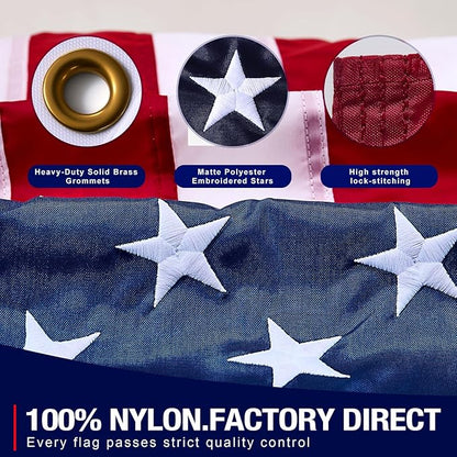 American Flag 3x5 FT, Premium Nylon Flags Ultra Durable Tear-Resistant and Weatherproof, Deluxe Embroidered Stars and Sewn Stripes, All Weather for Outdoor Use with Brass Grommets