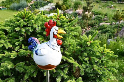 Ceramic Garden Decor - Rooster Lawn stake - Outdoor statue - Perfect, unique gifts for gardeners woman, men, yard gifts - Handmade, Frostproof