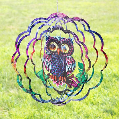 VP Home Mystical Owl Kinetic Wind Spinner for Yard and Garden - 12" W x 12" H Metal Spinner Outdoor Large Hanging Plantary Decor - 3D Garden Art Wind Sculpture Spinners Kinetic Art Garden Decoration