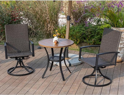 VICLLAX Outdoor Patio Round Dining Table, 28"x 28" Metal Slatted Round Tabletop with Storage Shelf for Deck Lawn Garden Backyard, Walnut