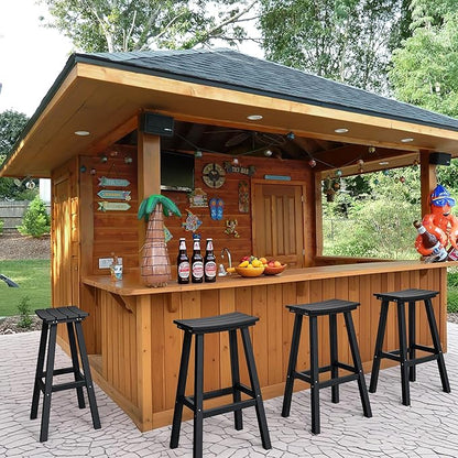 nalone 29 Inch Outdoor Bar Stool, HDPE Bar Chairs with Footrest, Weather Resistant Waterproof Bar Stools Outside Bar Height Stools for Bar, Kitchen Counter, Yard, Balcony(Black, 29'' Barstools)